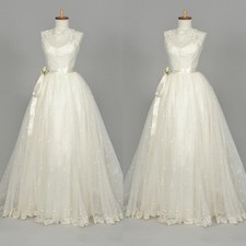 Vintage Lace Appliques Wedding Dresses Off Shoulder A Line High Neck Bridal Gown