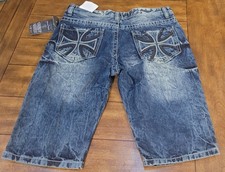 NEW Route 66 Premium Denim Bermuda Jeans Shorts Men 34 Cross Embroidery Y2K