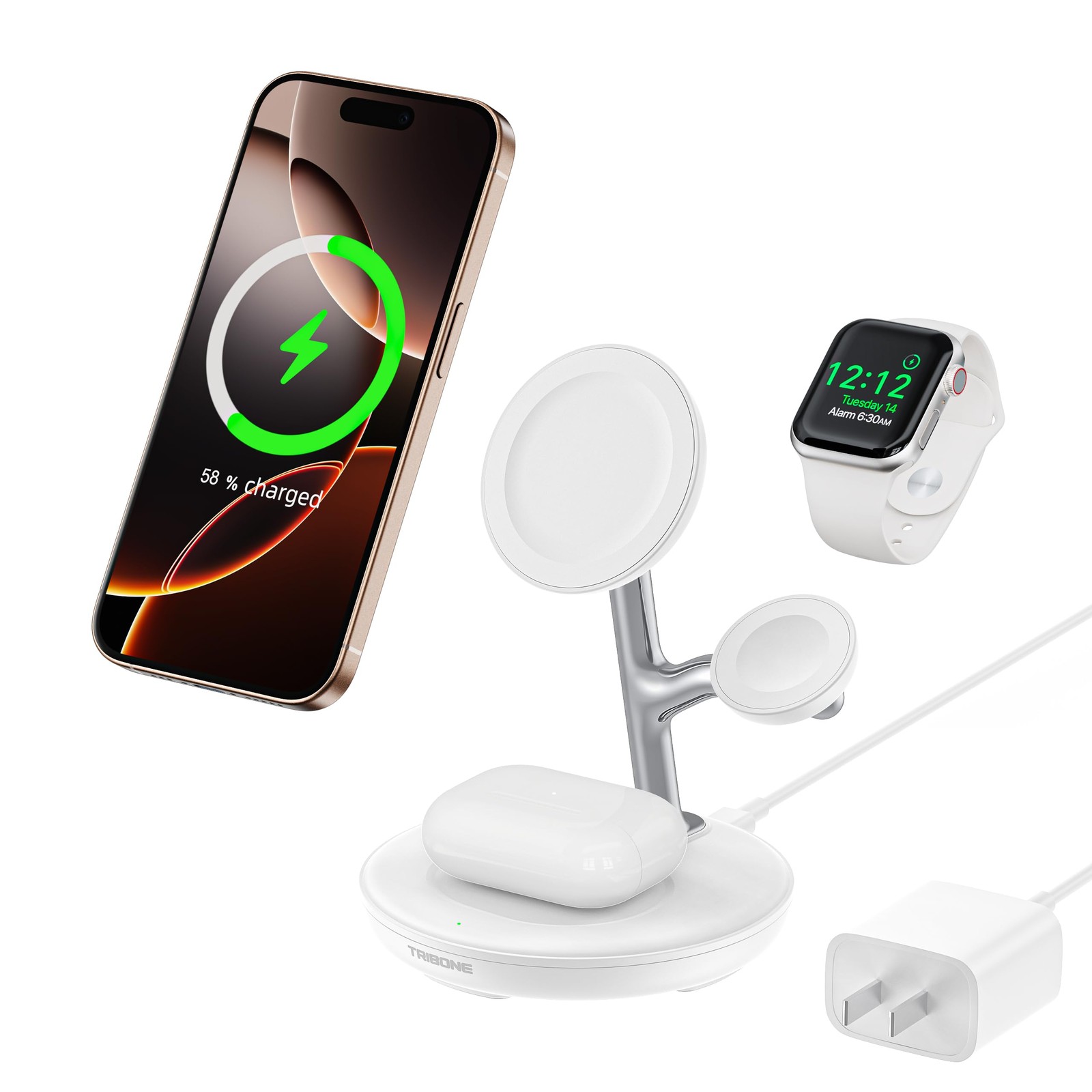 3-in-1 Magnetic Wireless Charging Stand for iPhone, Apple Watch & AirPods with Fast Charging Station
