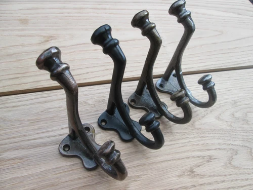 Heavy Large Victorian Old Style Fancy Cast Iron Black Hat and & Coat Peg Hooks 1