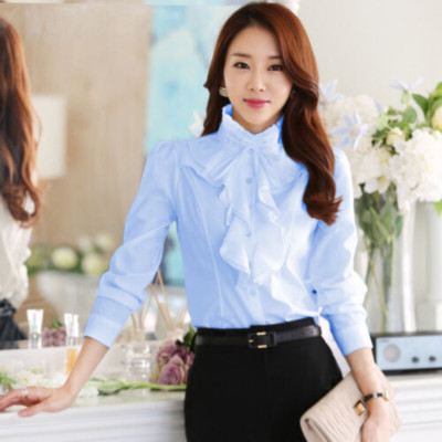 Women's Bow Tie Front Frilly Ruffle Solid Chiffon Blouse Long Sleeve Shirt Tops