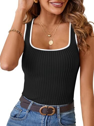 Women's 2024 Sleeveless Ribbed Tank Tops Summer Square Neck Slim Small Black