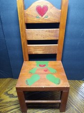 Wood Doll Chair With Painted Heart and Bear 15''