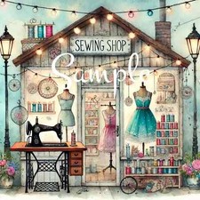 Quirky Sewing Shop - Fabric Art Quilt Block - Whimsical - Cotton - A189