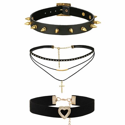 3pcs Punk Gothic Spike Rivet Cross Heart Collar Choker PU