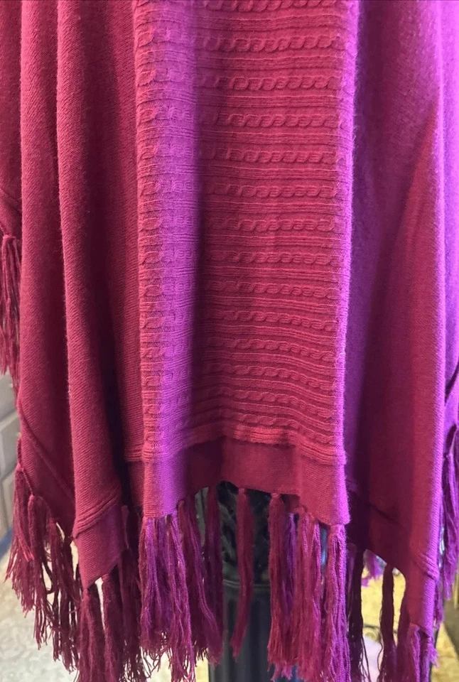 👠🥻❤️Boston Proper Pancho Mujer Borgoña Capa Envoltura Flecos Cuello Alto Talla S Foto 4 de 4