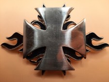 Metal Iron Cross with Flames Belt Buckle