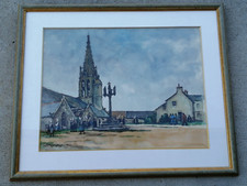 Aquarelle RENÉ AUBERT scène village Pluguffan église chapelle bigoudenes tableau