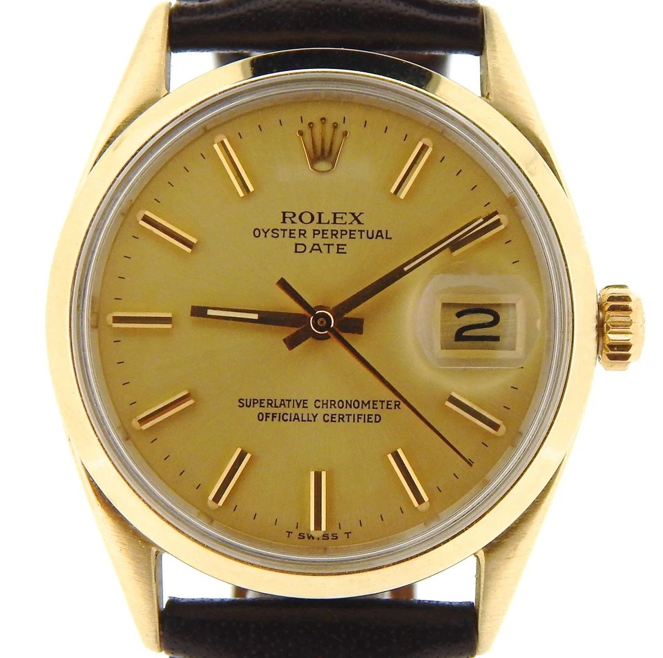 Vintage Rolex Date 1550 14K Gold Shell Watch 34mm w/Black Strap & Champagne Dial