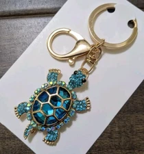 Blue Rhinestone TURTLE Keychain Keyring Key Chain Ring Purse Charm Stones New