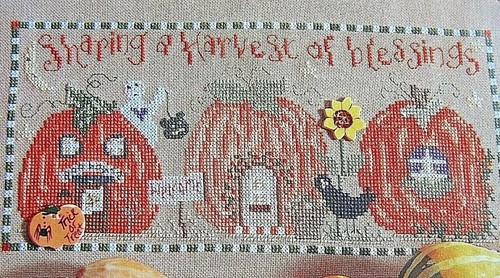 Cross Stitch "HARVEST OF BLESSINGS" pattern - pumpkins, ghost, crow, sunflower