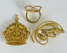 3 x Vintage Gold Tone Filigree Crown Air Craft Glasses Bulk Brooch Lot