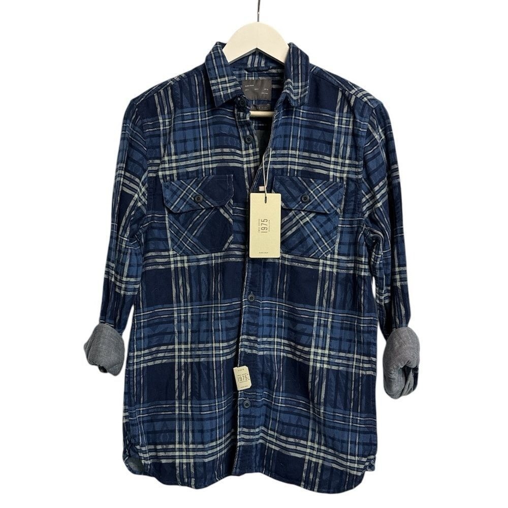 ZARA MAN 1975 Navy Blue Mens Plaid Denim Flannel Button Down Long Sleeve Shirt thumbnail 3
