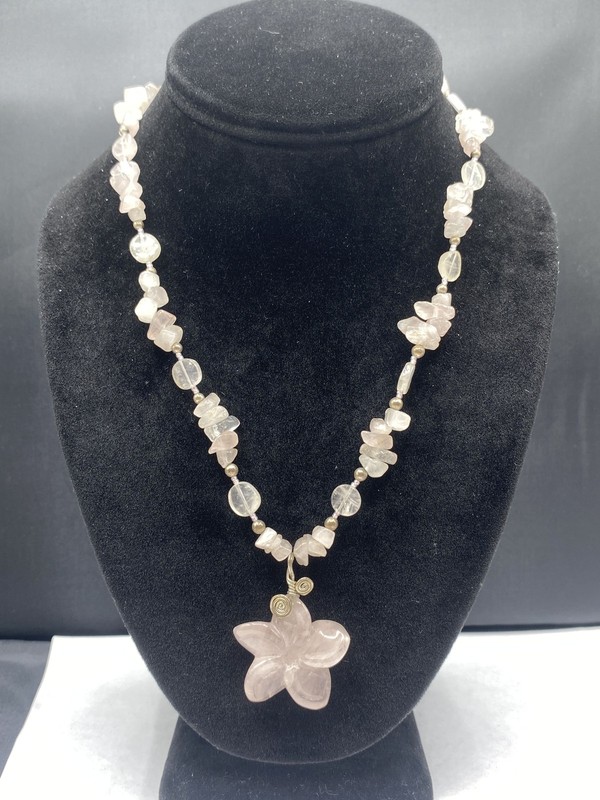 Sterling Silver Clear & Rose Quartz Beaded Necklace 33.3g