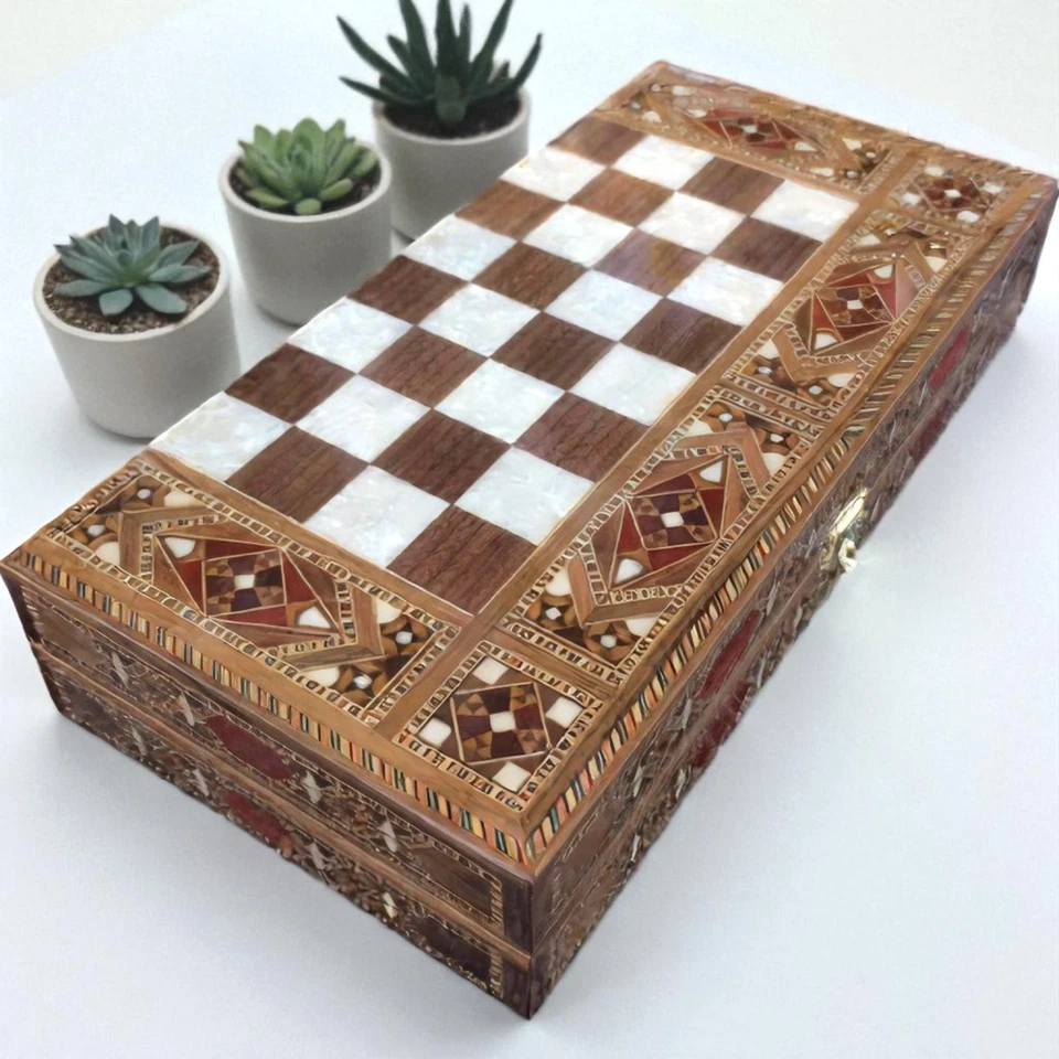 Juego de ajedrez de backgammon hecho a mano con incrustaciones de madera maciza tablero de juego - regalo de Navidad🎁 Foto 4 de 4