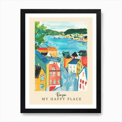 My Happy Place Bergen 3 Travel Post Framed Wall Art Poster Canvas Print Picture