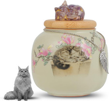 Cat Urn for Ashes with Memorial Crystal Sculpture,Holds Ashes of Beloved Cats,Ce