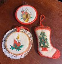 Lot Of 3 Vtg. Needlepoint Christmas Ornaments Completed Framed Candle House Tree