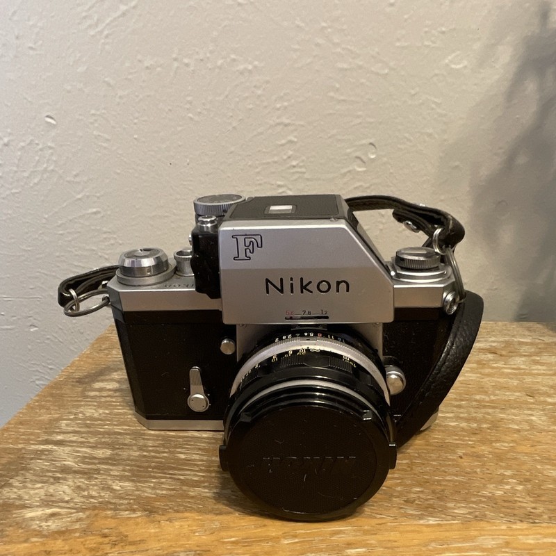 Nikon F Silver/Black SLR Film Camera with Lens and Strap