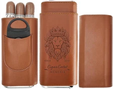 Brown Leather Cigar Case with Cutter - Portable Travel Holder Pouch Kit