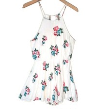 Juniors Sleeveless Romper Shorts Medium Strappy White Floral Summer Rayon