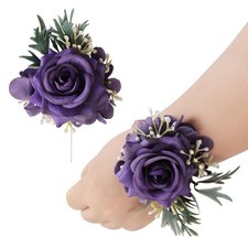 Wrist Corsage and Boutonniere Set, Artificial Purple Rose Hand Flower for Pro...