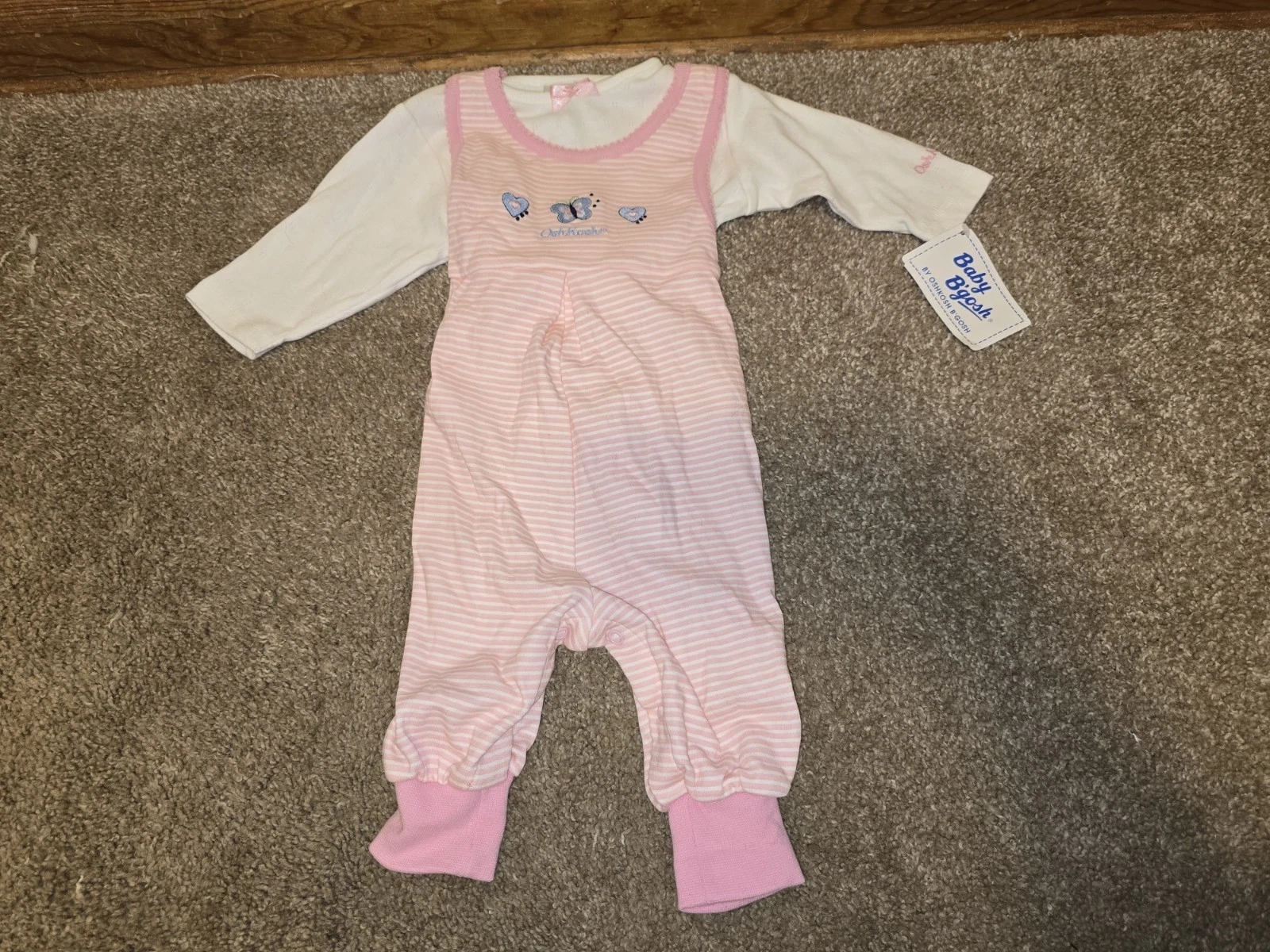 Baby Girl Clothes New Vtg Oshkosh B'gosh 3-6 M 2pc Pink Butterfly Overalls Rare