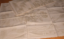 2 Vintage Linen Damask Towels Kitchen Towels Art Nouveau Woven Pattern (14318)