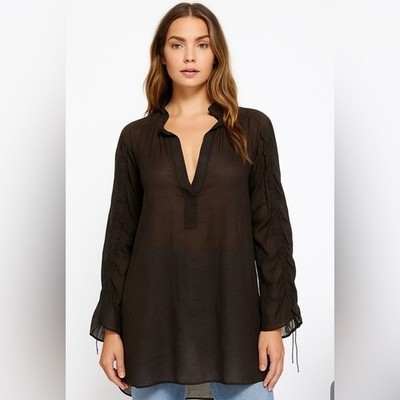 Chico s Blouse XXL Blouse Ruffle Sleeve Cocoa Bean Tunic Ramie Lyocell NWT $109