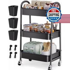 3 Tier Metal Rolling Cart with Wheels - Black Utility Organizer