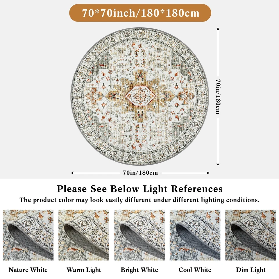 Ultra-Thin Washable Round Rug - 6ft Large Living Room Circle Area Rugs, Vinta... - Image 3 of 4