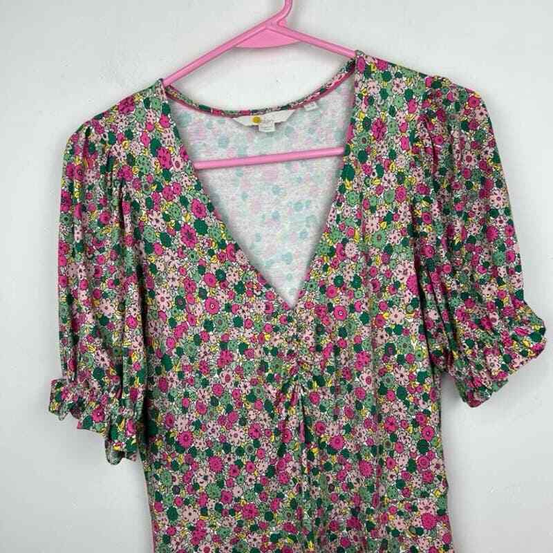 Boden green and pink floral short puffy sleeve knee length dress womens  size 4 | eBay