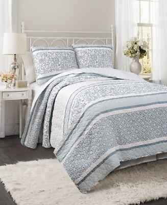 Lush Décor  Nisha Botanical Reversible 3pc King Quilt Set Blue New