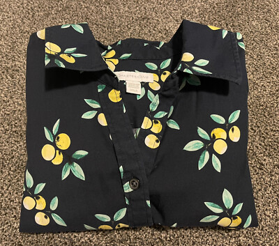 Charter Club Lemon Print Collared Button Down Shirt Dress Pleated Dark Blue  Sz 4 | eBay
