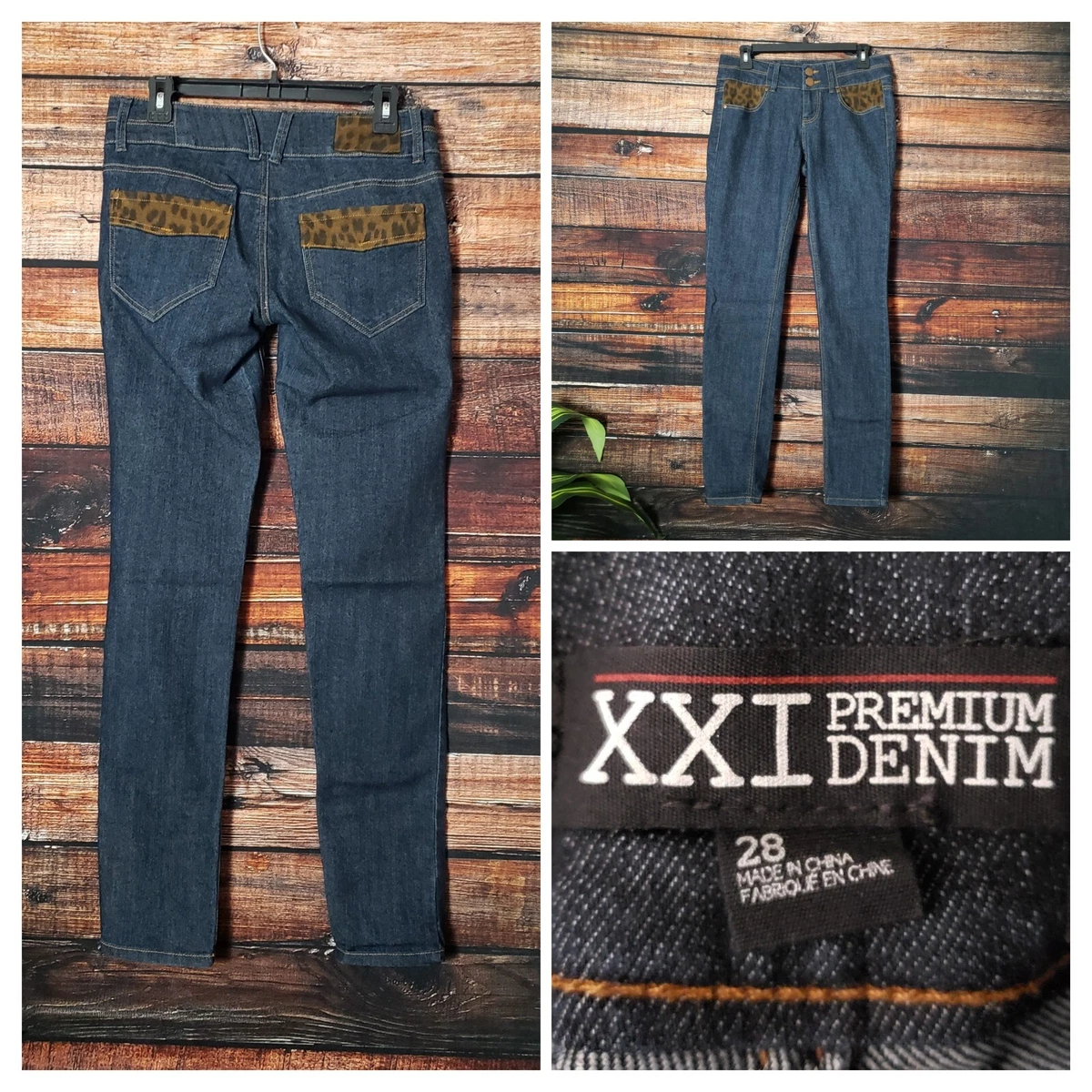 Pantalones de mezclilla Forever 21 28 premium azul oscuro estampado de leopardo adornados ajustados XXI