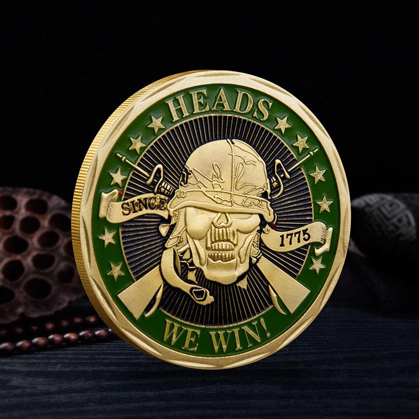 1775 Heads We Win Tails You Lose Skull Gold Plated Commemorative Challenge Coin