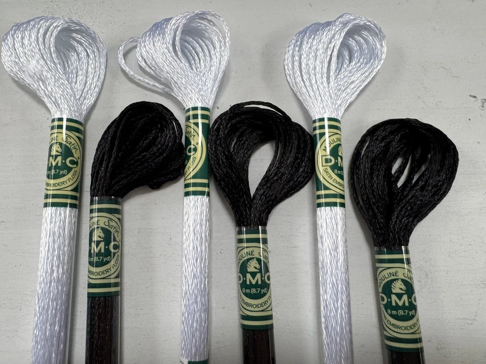 DMC Satin Embroidery Floss~Lot of 6 Skeins~Black S310 and Snow White S5200 - Image 3 of 4