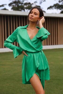 NWT Hello molly Tales Of Yours Dress emerald Green flowy mini dress tie  size 2 | eBay