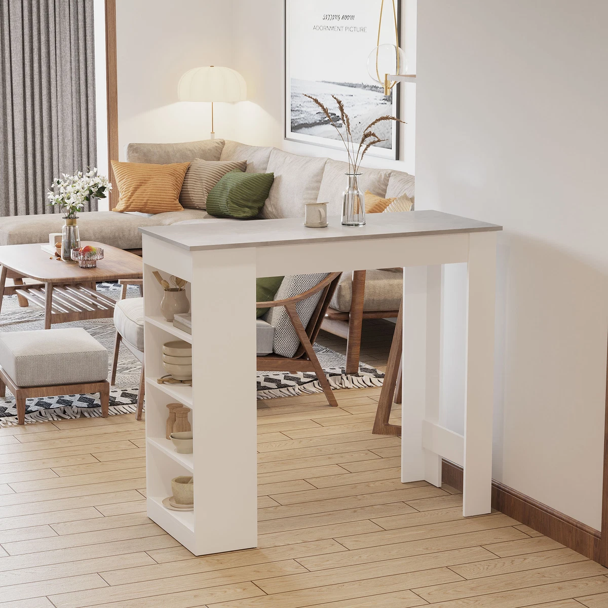 HOMCOM Bar Table Coffee Table Kitchen Dining Table with 4 Tier Shelf Grey