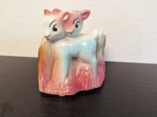 Vintage Ceramic Pottery Two Pink Blue Deer w/ Pink Stump Planter VGC