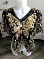 Vintage Black Silk Gold Sequin Butterfly Top Womens Size M