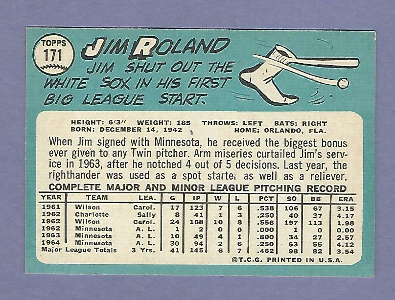1965 Topps - #171 Jim Roland - Minnesota Twins - NrMt | eBay