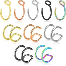 Lusofie 10 Pcs Nose Rings Hoops Double Hoop Nose Ring Fake Nose Ring Clip on Nos