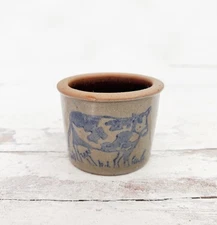 Vintage Miniature Salt Glazed Pottery Cow Crock Unsigned 1.25” Tall