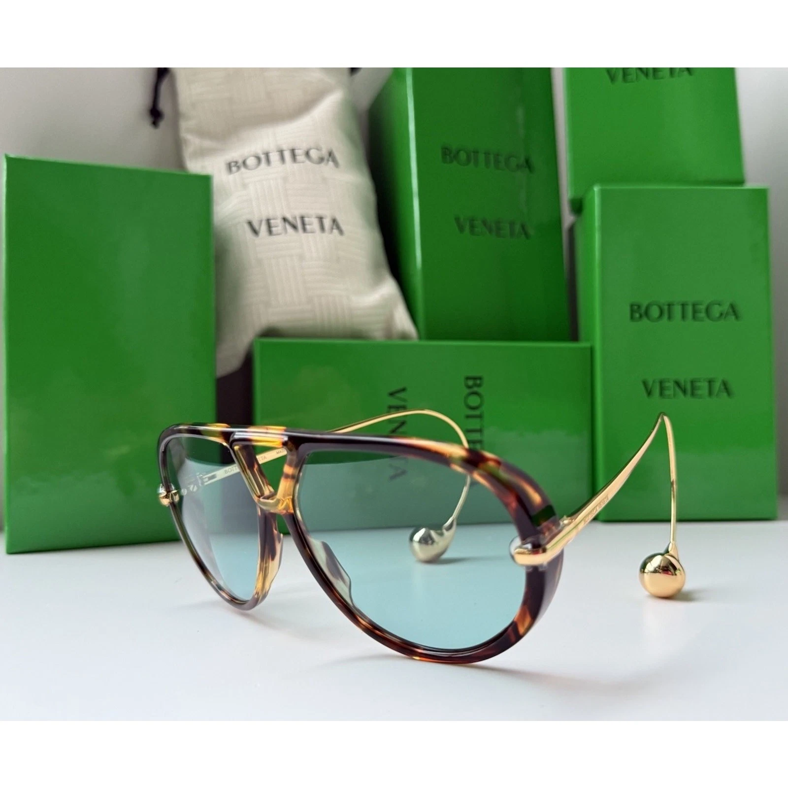 Bottega Veneta — BOTTEGA VENETA BV1273S 007 Havana Gold Green Acqua Earrings Sunglasses AUTHENTIC