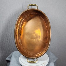 Antique Hand Hammered Copper Oval Roasting Pan 16" Brass Handles Heavy Rustic