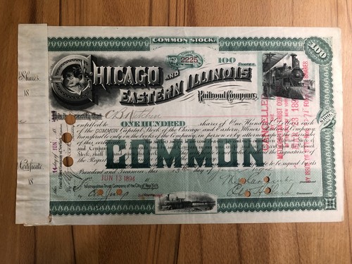 Antike Eisenbahn-Aktie 1894 - Chicago & Eastern Illinois - 100 Shares - Loks