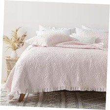 Ruffled Quilt Queen Size, Stone-Washed Microfiber Full/Queen 90"x 96" Pink