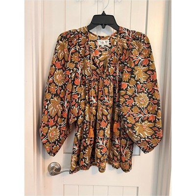 Mille Resort Travel Sunset Floral Oversized Flowy Peasant Blouse Size XS