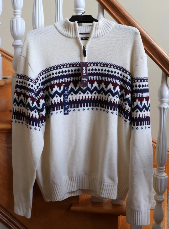 NUEVO $65 Izod Fair Isle Tejido 1/4 Cremallera Suéter Pullover Vacaciones Esquí Para hombres XXL 2X Foto 2 de 4